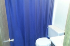 A bathroom with blue curtains and white toilet.