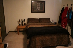A bed room with a brown and tan bedspread
