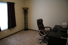 A room with a desk and chair in it